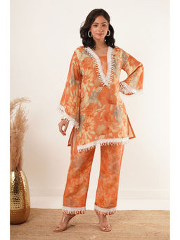 ZNKL - Latest Stylish Orange V Neck Kurta and Pant Set For Women
