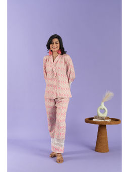 ZNKL - Elegant V Neck Printed Full Sleeves Pink Kurta and Pant Set For Women
