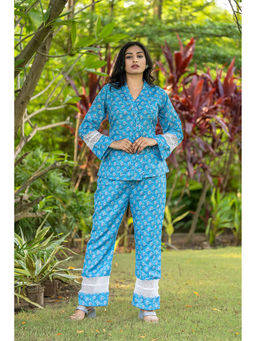ZNKL - Trendy Blue Printed V Neck Full Sleeves Kurti Pant Set For Women