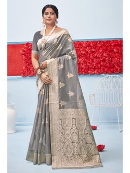 Sangam Prints - Grey Cotton Woven Zari Work Traditional Saree with Unstitched Blouse