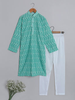 Little Clothings - Boys Embroidery Kurta with Full Sleeve and Churidar Green (Set of 2)