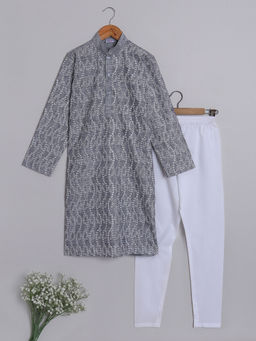 Little Clothings - Boys Embroidery Kurta with Full Sleeve and Churidar Grey (Set of 2)