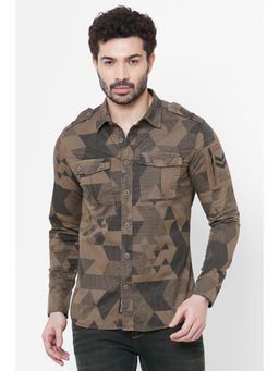 ROOKIES - Khaki Full Sleeve Cotton Spandex Military Printed Casual Shirt