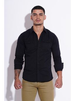 ROOKIES - Black Full Sleeve Cotton Spandex Plain Shirt