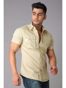 ROOKIES - Khaki Half Sleeve Cotton Spandex Plain Slim Fit Shirt