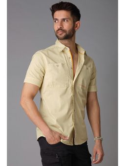 ROOKIES - Light Beige Half Sleeve Cotton Spandex Plain Slim Fit Shirt