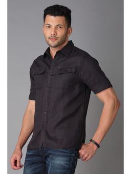 ROOKIES - Black Half Sleeve Cotton Linen Slim Fit Shirt