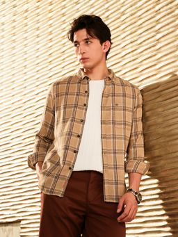 Campus Sutra - Men Camel Beige Plaid-Woven Regular Shirt