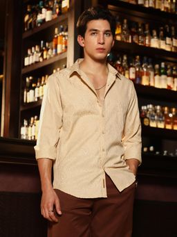 Campus Sutra - Men Ecru Beige Abstract-Lined Jacquard Shirt
