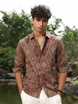 Campus Sutra - Men Peanut Brown Indie-Folk Geometric Jacquard Shirt