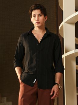 Campus Sutra - Men Onyx Black Duo-Panel Jacquard Shirt