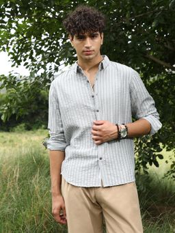 Campus Sutra - Men Cloud Grey Edgy-Stripe Jacquard Shirt