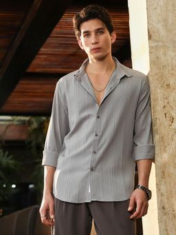 Campus Sutra - Men Coin Grey Unbalanced-Sugarcane Textured Shirt
