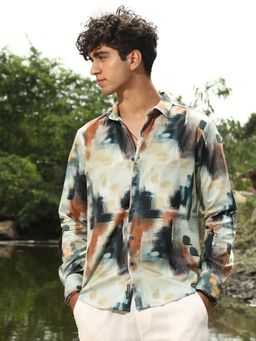 Campus Sutra - Men Off White Abstract-Brushed Imprint Shirt
