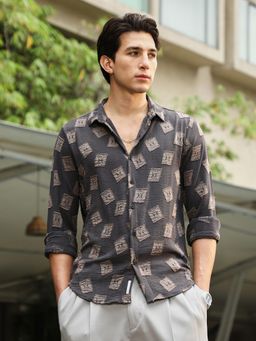 Campus Sutra - Men Grey Folk-Block Jacquard Shirt