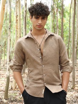 Campus Sutra - Men Sand Beige Grazed-Fade Imprint Shirt