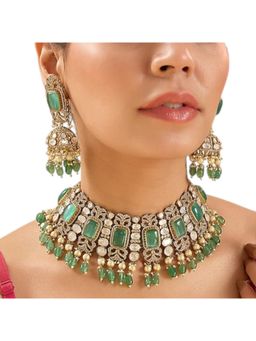 Auraa Trends - Gold-Plated Kundan and Green Bead Choker Necklace Set