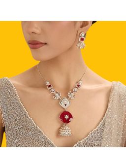 Auraa Trends - Designer Ruby Red Stone Long Pendant Necklace Set