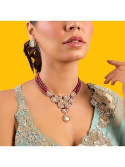 Auraa Trends - Ruby Red Beaded Kundan Necklace Set