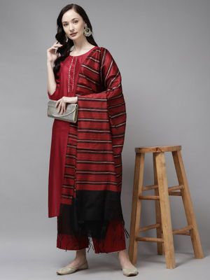 Indo Era Maroon Foil Printed Straight Kurta With Palazzo Set