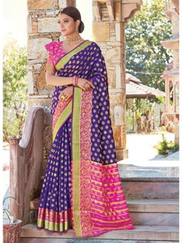 Sangam Prints - Navy Blue Handloom Silk Woven Traditional Saree with Unstitched Blouse