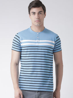 Club York - Men Blue Striped Henley Neck T-Shirt