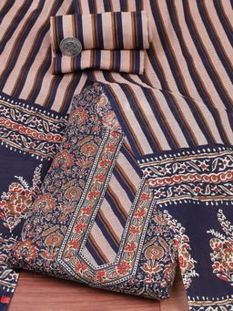 Biba - Green Stripes Printed Unstitched Kurta with Bottom and Dupatta (Set of 3)