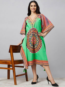 First Resort by Ramola Bachchan - Green Tribal Mid Length Kaftan Dress