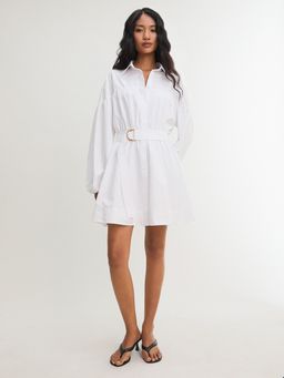 Pomelo - Belted Shirt Mini Dress - White