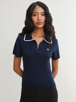 Pomelo - Contrast Trim Collared Knit Top - Navy