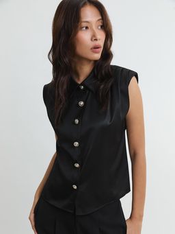 Pomelo - Leather Button Front Sleeveless Shirt - Black