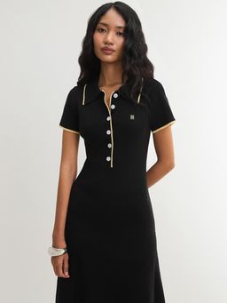 Pomelo - Collared Button Front Knit Midi Dress - Black
