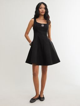 Pomelo - Square Neck Fit and Flare Mini Dress - Black