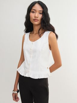 Pomelo - Ruffle Hem Button Front Vest Top - White
