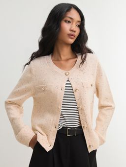 Pomelo - Pearl Button Tweed Knit Cardigan - Pink