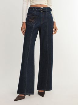 Pomelo - High Waist Belted Straight Leg Jeans - Blue