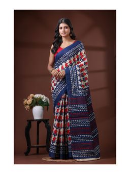 Boveee - Off White And Midnight Blue Pure Malmal Cotton Saree With Unstitched Blouse - Multi-Color