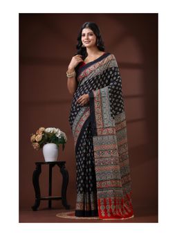 Boveee - Pure Malmal Cotton Saree With Unstitched Blouse Traditional Ajrakh Inspired Print - Black