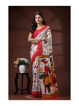 Boveee - Red Pure Malmal Cotton Saree With Unstitched Blouse Tribal Art Print Design