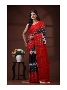 Boveee - Crimson Red And Black Pure Malmal Cotton Saree With Unstitched Blouse - Multi-Color