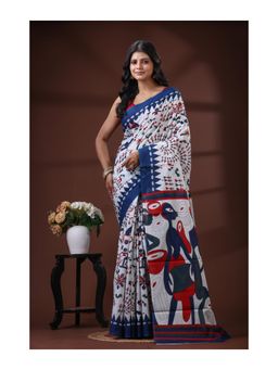 Boveee - Blue Pure Malmal Cotton Saree With Unstitched Blouse Tribal Art print Design