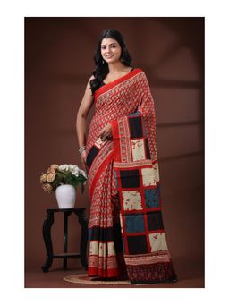 Boveee - Pure Malmal Cotton Saree With Unstitched Blouse Contrast Border And Pallu - Multi-Color