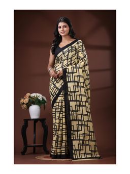 Boveee - Geometric Pure Malmal Cotton Saree With Unstitched Blouse Contrast Border - Multi-Color