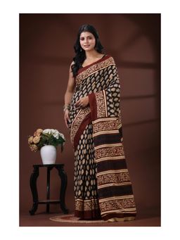 Boveee - Black And Maroon Pure Malmal Cotton Saree With Unstitched Blouse - Multi-Color