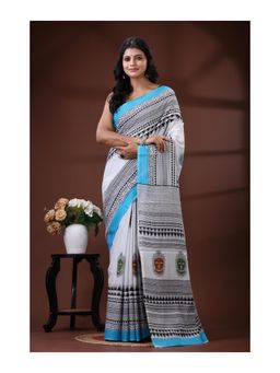 Boveee - White/Sky Blue Pure Malmal Cotton Saree With Unstitched Blouse Tribal Face Motif