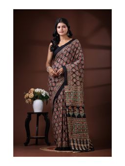 Boveee - Black Pure Malmal Cotton Saree With Unstitched Blouse Traditional Ajrakh Print Design