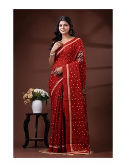 Boveee - Crimson Red Pure Malmal Cotton Saree With Unstitched Blouse Polka Dot Design