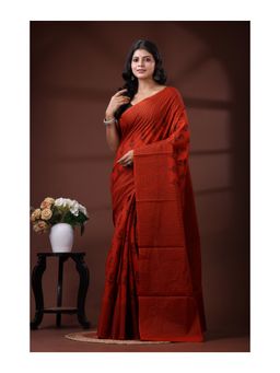 Boveee - Rust Orange And Black Paisley Printed Pure Malmal Cotton Saree With Unstitched Blouse - Red
