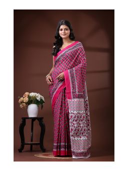 Boveee - Pure Malmal Cotton Saree With Unstitched Blouse Zigzag Border Design - Pink