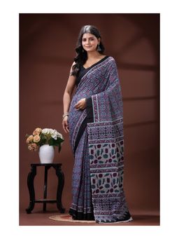 Boveee - Traditional Printed Pure Malmal Cotton Saree With Unstitched Blouse - Multi-Color